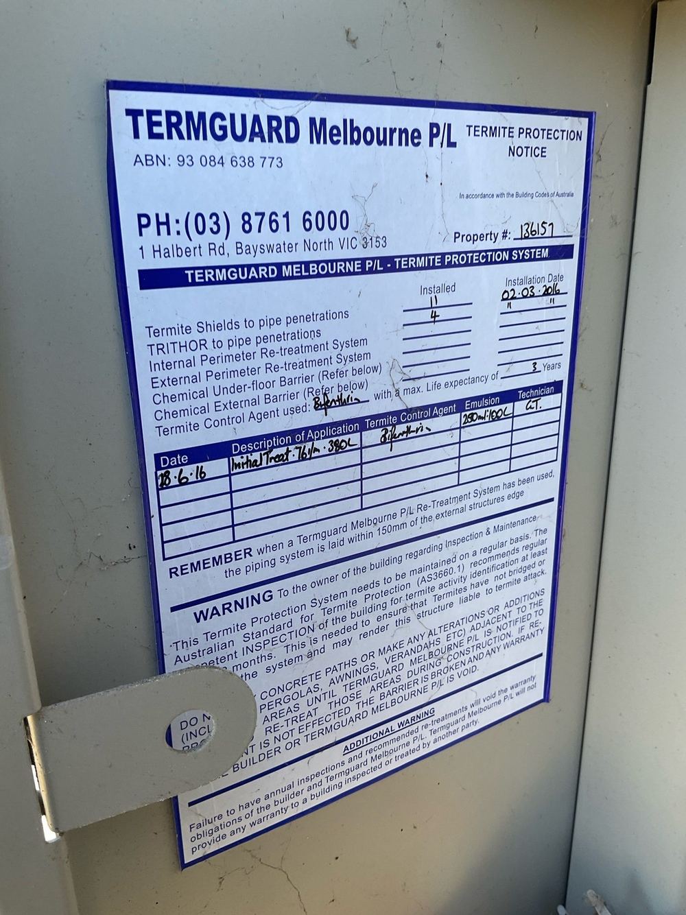Termite treatment notice found but well past its protection period, found during a building and pest inspection in Point Cook